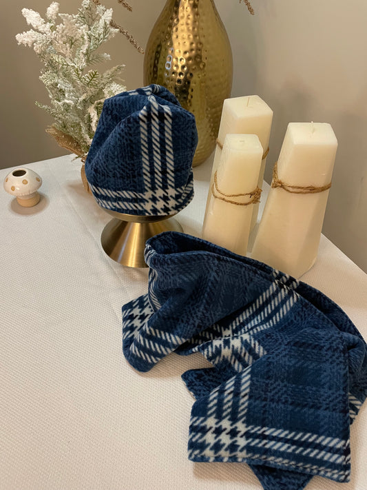 Blueberry Plaid Scarf and Satin Lined Beanie Set