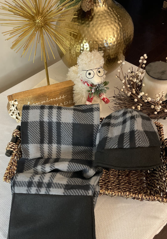 Grey and Black Plaid Scarf and Satin Lined Beanie Set