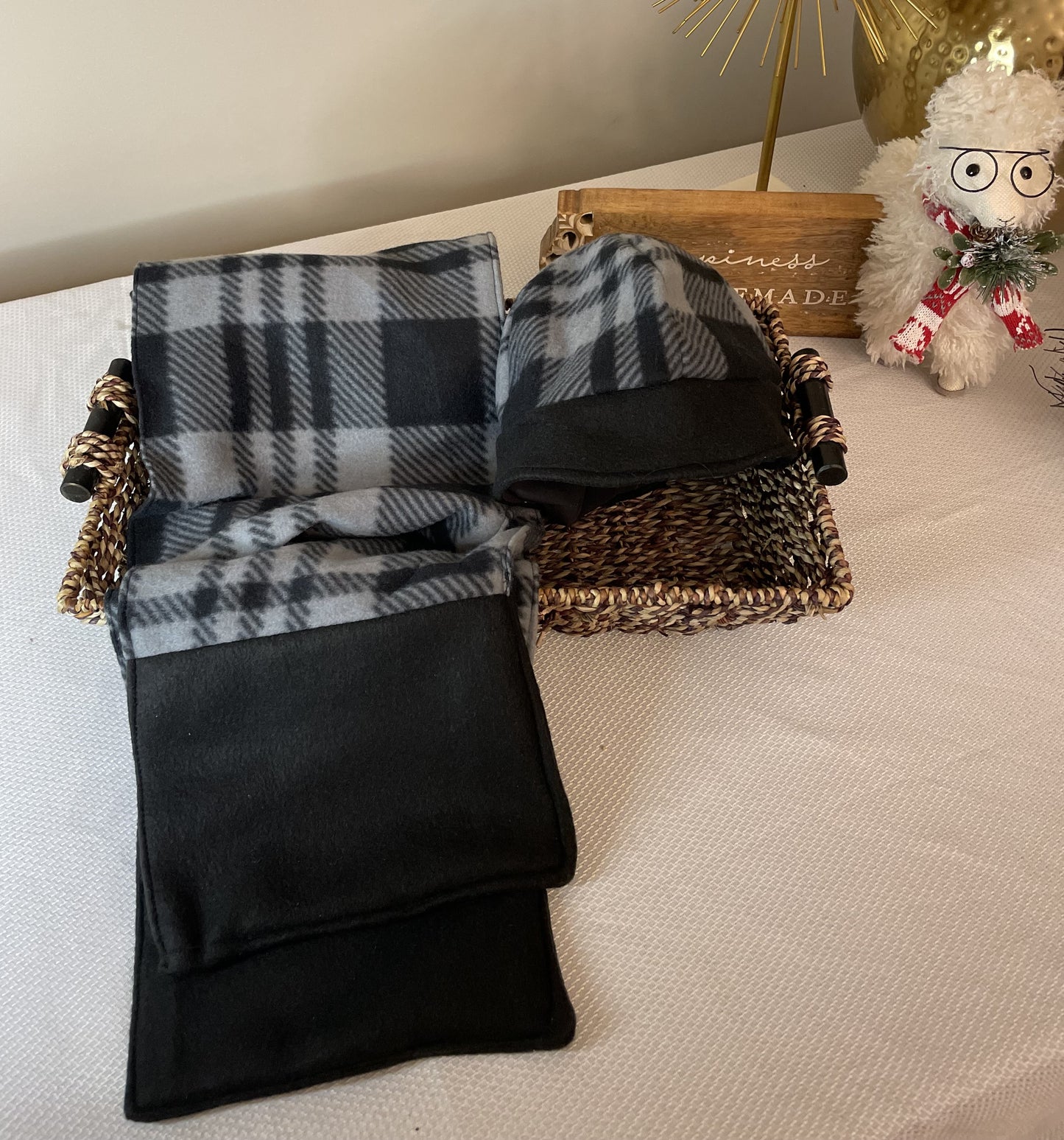 Grey and Black Plaid Scarf and Satin Lined Beanie Set